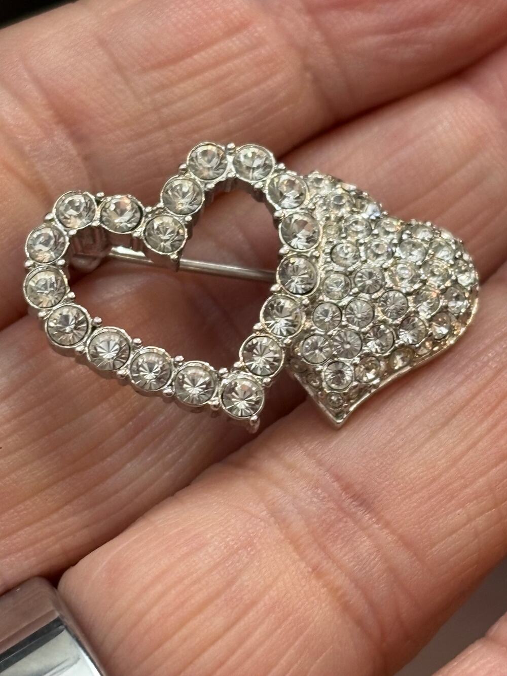 Swarovski Double Heart Crystal Brooch Silver Tone with Swan Mark